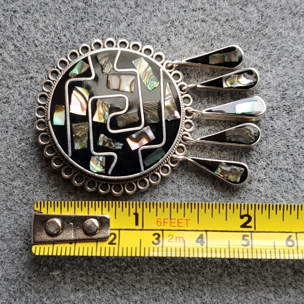 Taxco Mexico Onyx & Abalone Pin/Pendant & Earrings - Picture 8 of 11